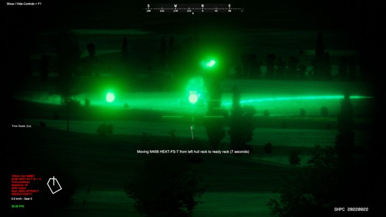 Night vision sight view of an exploding T-72