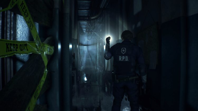 Leon Walking Down A Corridor In Resident Evil 2