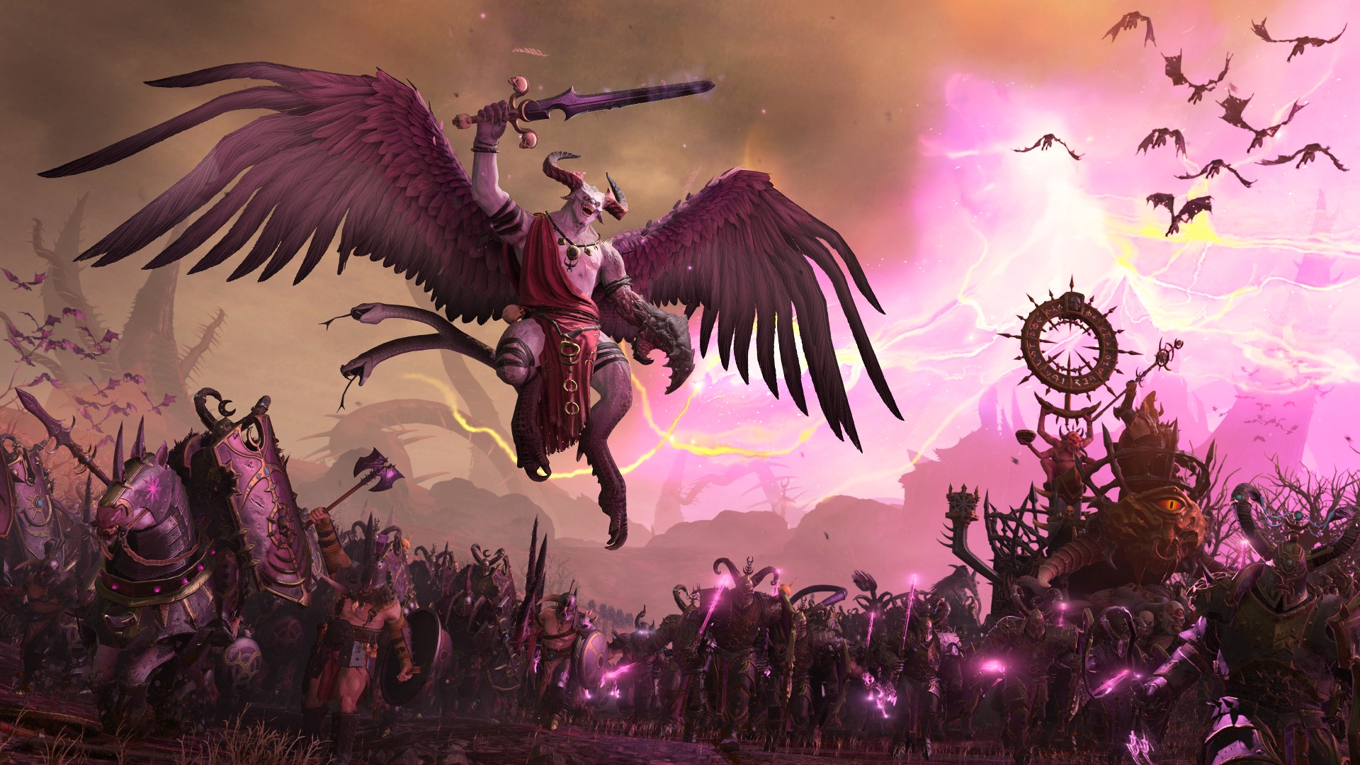 Warhammer 3: Immortal Empires dev says settlements 'top of the list': A gigantic flying demon soars above a fantasy battleground