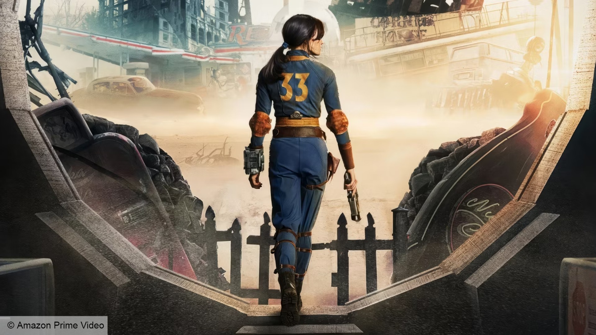 A woman with tied-back brown hair wearing a blue and yellow jumpsuit with '33' on the back walks through a door into a ruined cityscape