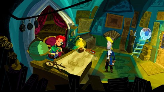 Best offline games for PC: Threepwood talking to a clerk in Return to Monkey Island