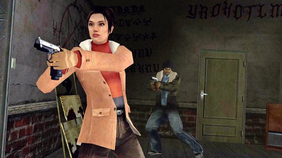 Best sex games: a woman and a man brandishing pistols in a room full of satanic graffiti.