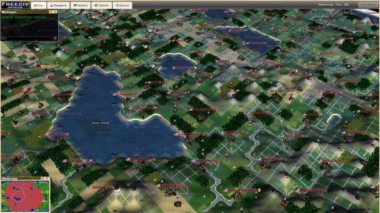 A top-down sample shot of 4x game Freeciv showing cities, greenery across American states