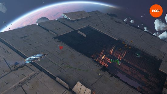 Homeworld 3 review: a hulking space ship orbiting a planet.