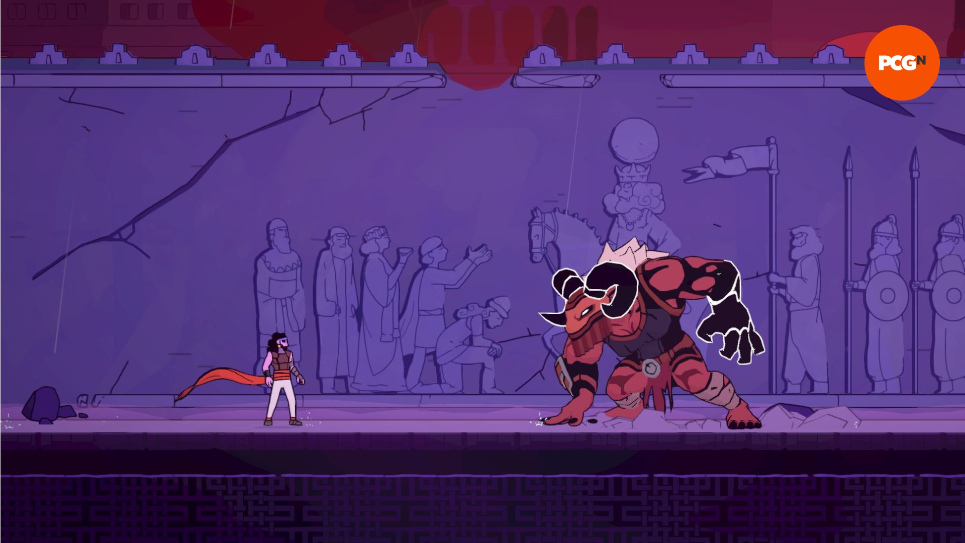 The Rogue Prince of Persia review: A small, pixel man stands in front of a huge minotaur-looking monster, which is preparing to run at him