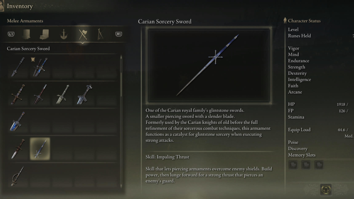 Carian Sorcery Sword Stats