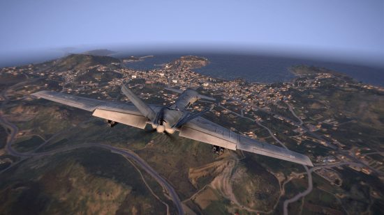 A large, grey plane flies high above grassy land in Arma 3, one of the best flying and plane games.