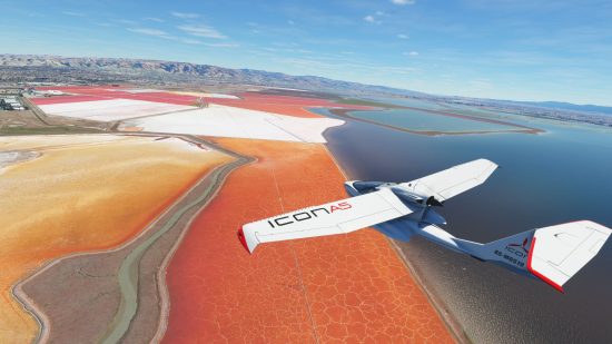 A small plane flied across a golden coast in Microsoft Flight Simulator, one of the best flying and plane games.
