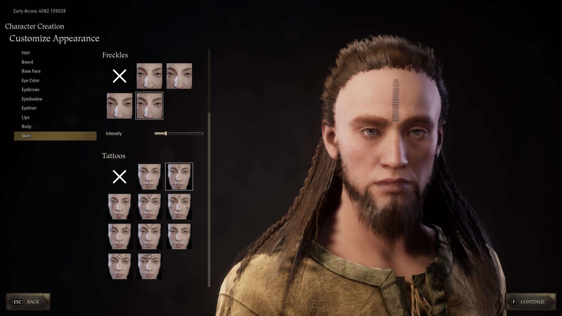 Pax Dei impressions: A screenshot of Pax Dei's character creation screen displaying a bearded male character with long hair and a face tattoo.