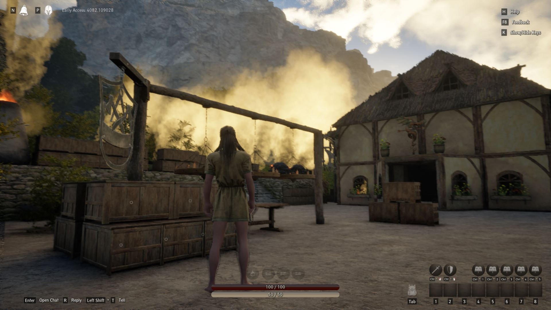 Pax Dei impressions: The player character stands in the courtyard of a player-created blacksmith, as smoke billows in the background.