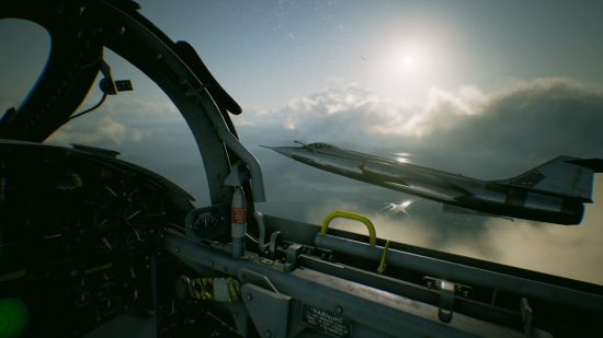 The view of a fighter jet from the cockpit of another in Ace Combat 7, one of the best flying and plane games.