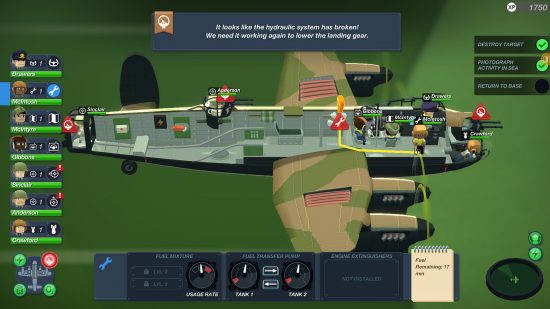 The dissected view of a cute, cartoon style military plane in Bomber Crew, one of the best plane games on PC.
