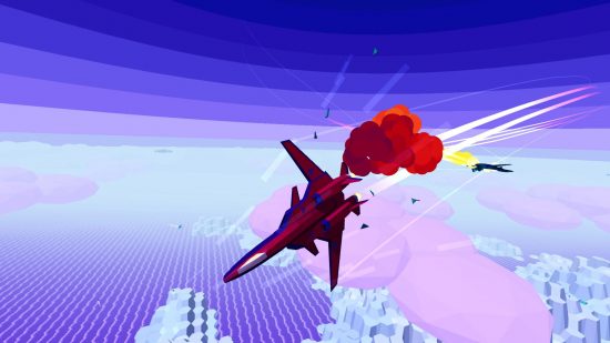 A crimson-colored jet plummet, leaving a trail of red smoke in the colorful, low-poly plane game Sky Rogue.