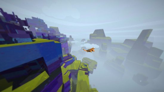 A person wearing an orange flight suit soars past colorful, blocky cliffs in Superflight, one of the best flying games.