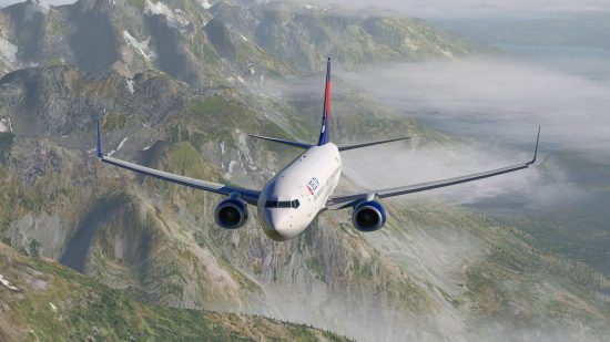 A large, white passenger plane flies above lush mountains in X Plane 11, one of the best flying and plane games.