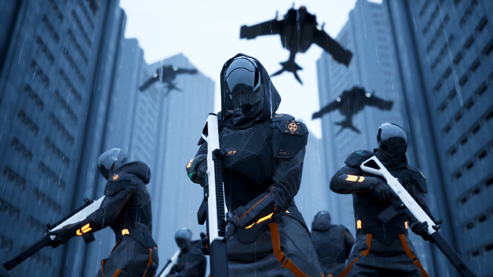 New co-op shooter Polaris - Five soldiers in black outfits stand between rosw of high-rise buildings, as jets fly overhead.