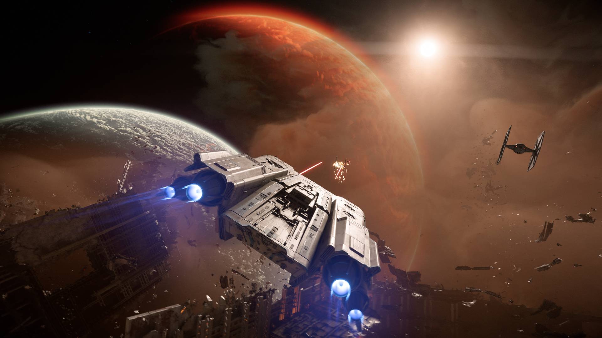 A space ship fighting Imperial TIE Fighters in front of a huge orange planet