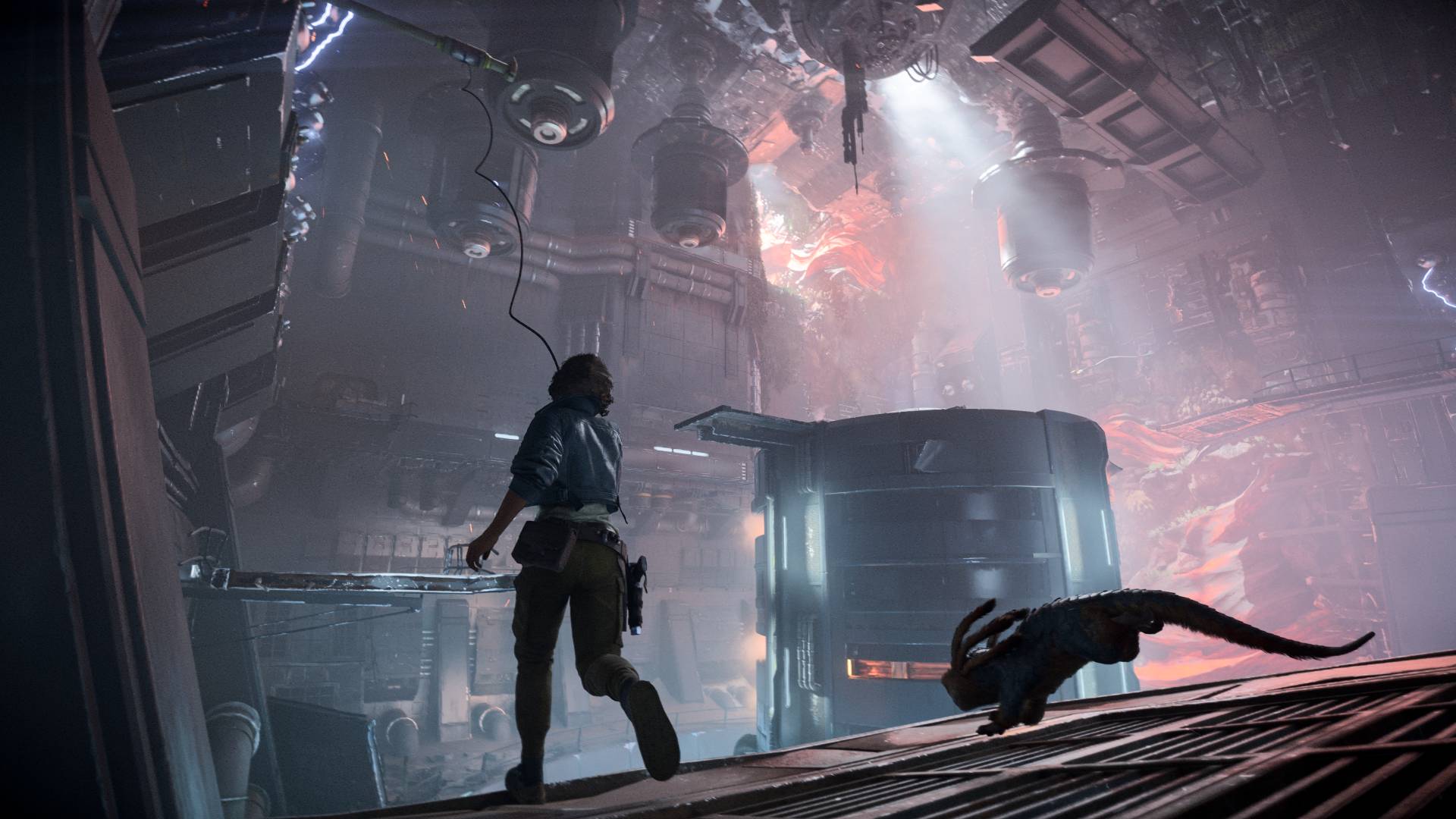 A young woman with brown hair in adventuring gear throws a grapple hook high into the ceiling of a machinery-focused room