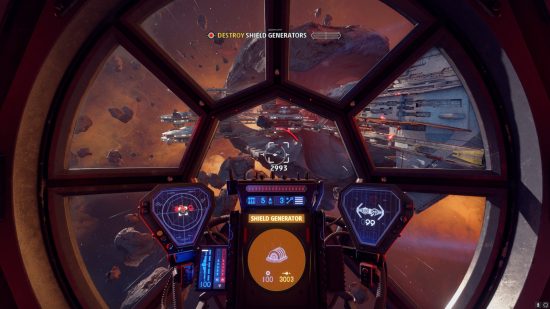 Best flying games: The view from inside the cockpit in a Star Wars Squadrons spaceship.