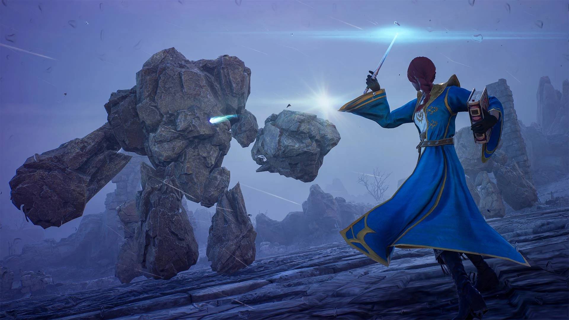 Throne and Liberty makes boring MMO systems fun, but it's not enough: A woman with long brown hair in a braid wearing a magician's blue coat casts a spell with a wand as a huge stone golem rushes towards her