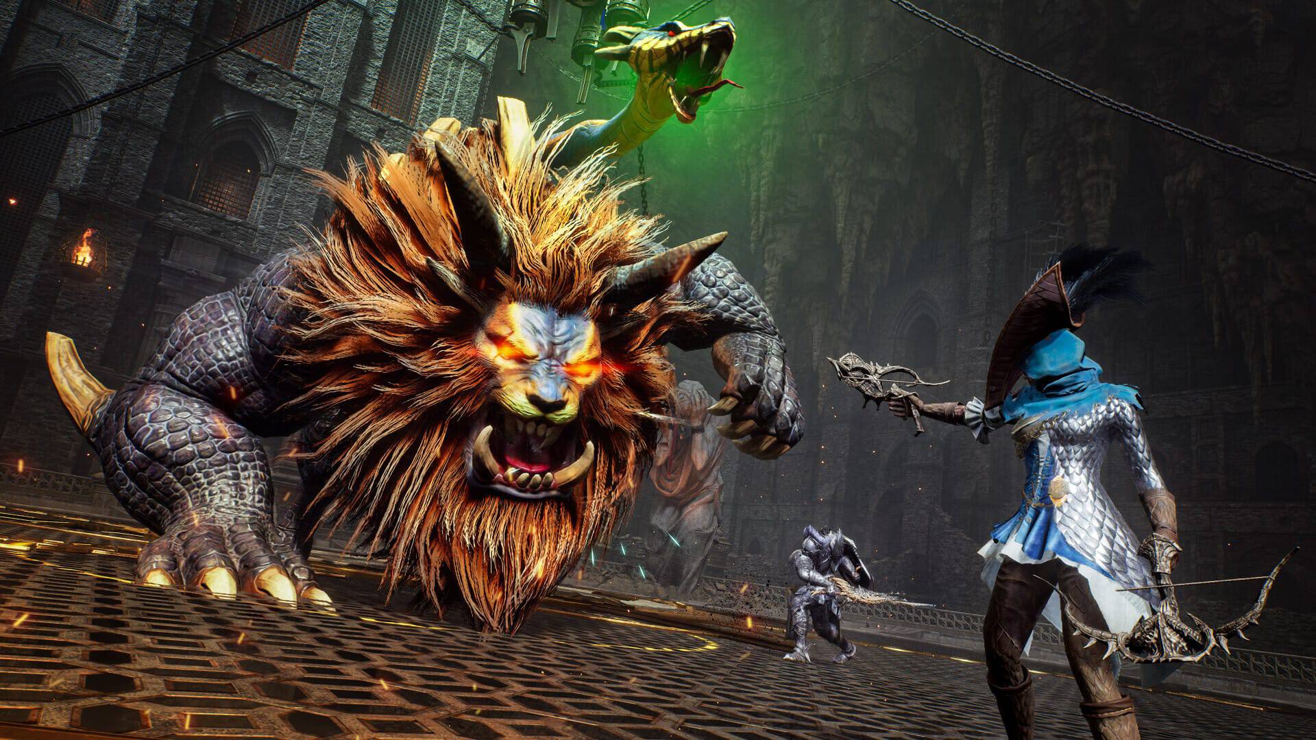 Throne and Liberty makes boring MMO systems fun, but it's not enough: A huge lion monster rushes towards an armored player shooting a crossbow in a huge metal arena