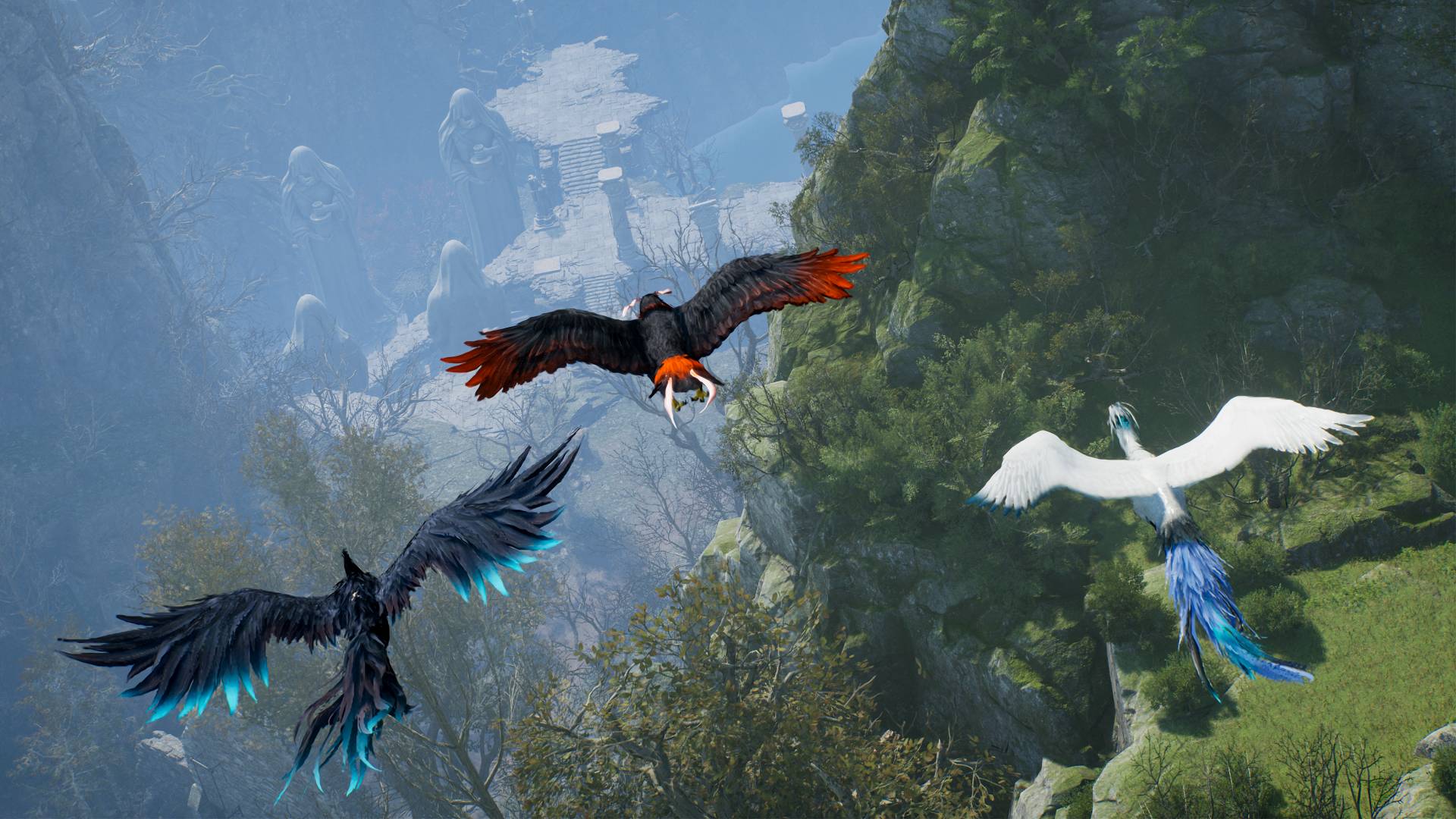 Throne and Liberty makes boring MMO systems fun, but it's not enough: Three birds, one blue, one black and red, and one white, fly over a forested mountain chasm