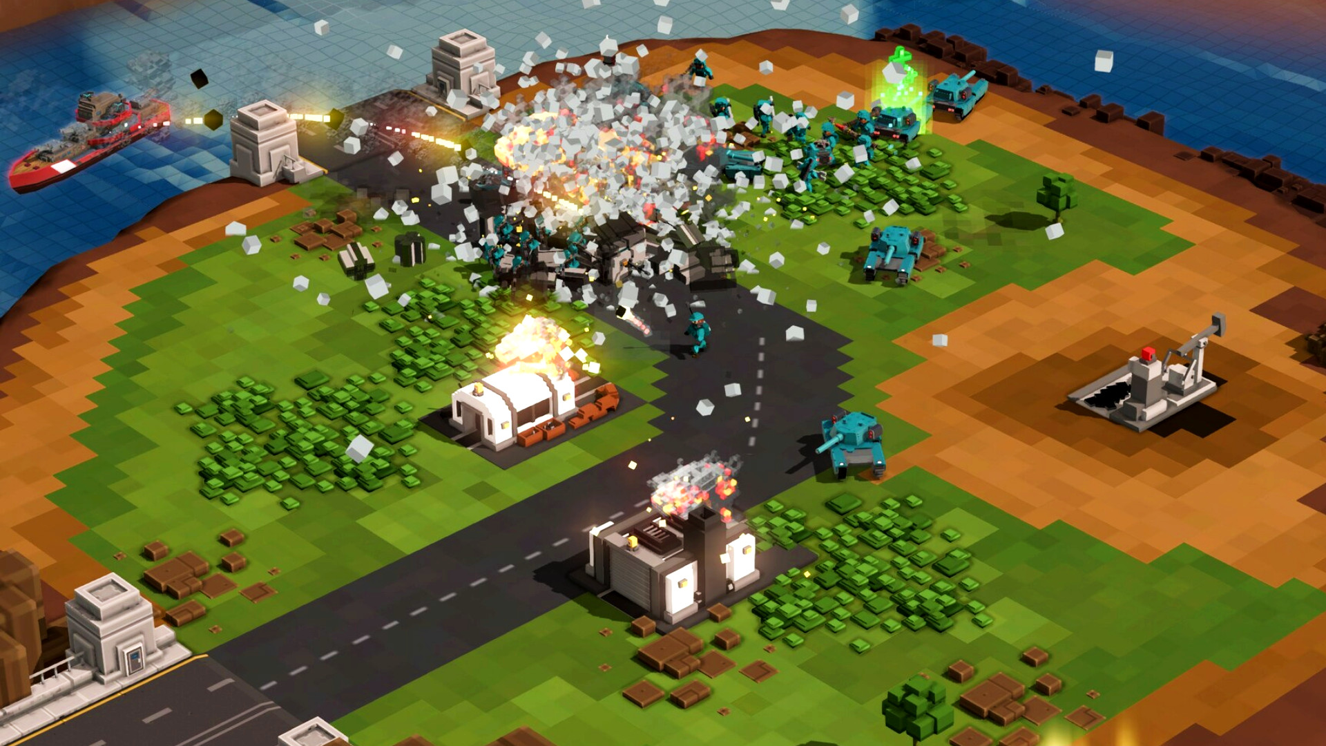 9-Bit Armies - A ship bombards buildings from off-shore in this voxel RTS game.