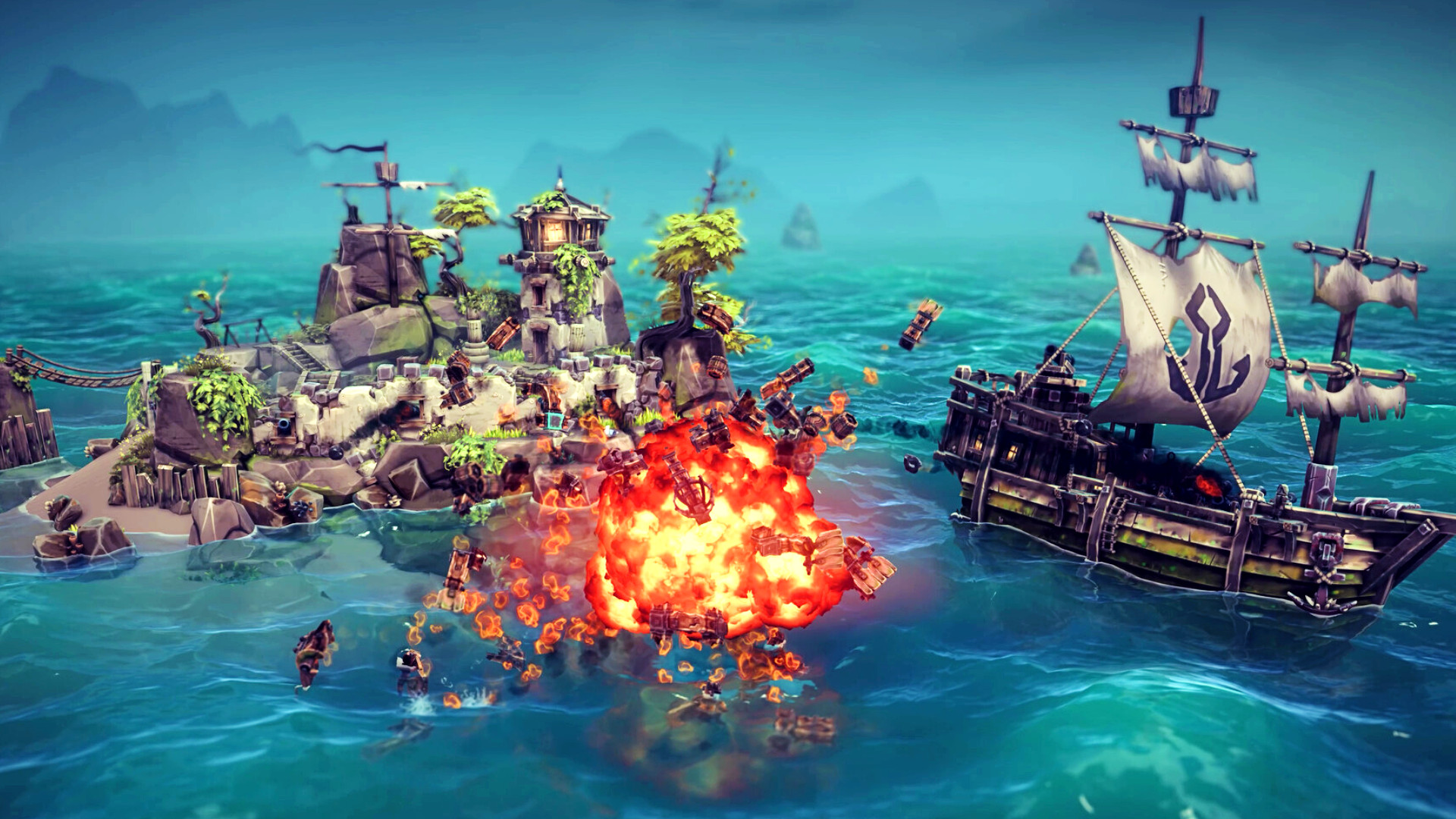 Besiege: The Splintered Sea - A boat steers clear of a large explosion alongside a small island.