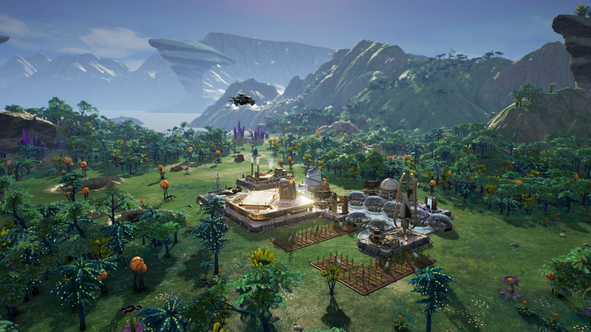 Best city-building games: Aven Colony. Image shows a futuristic settlement on an alien planet.