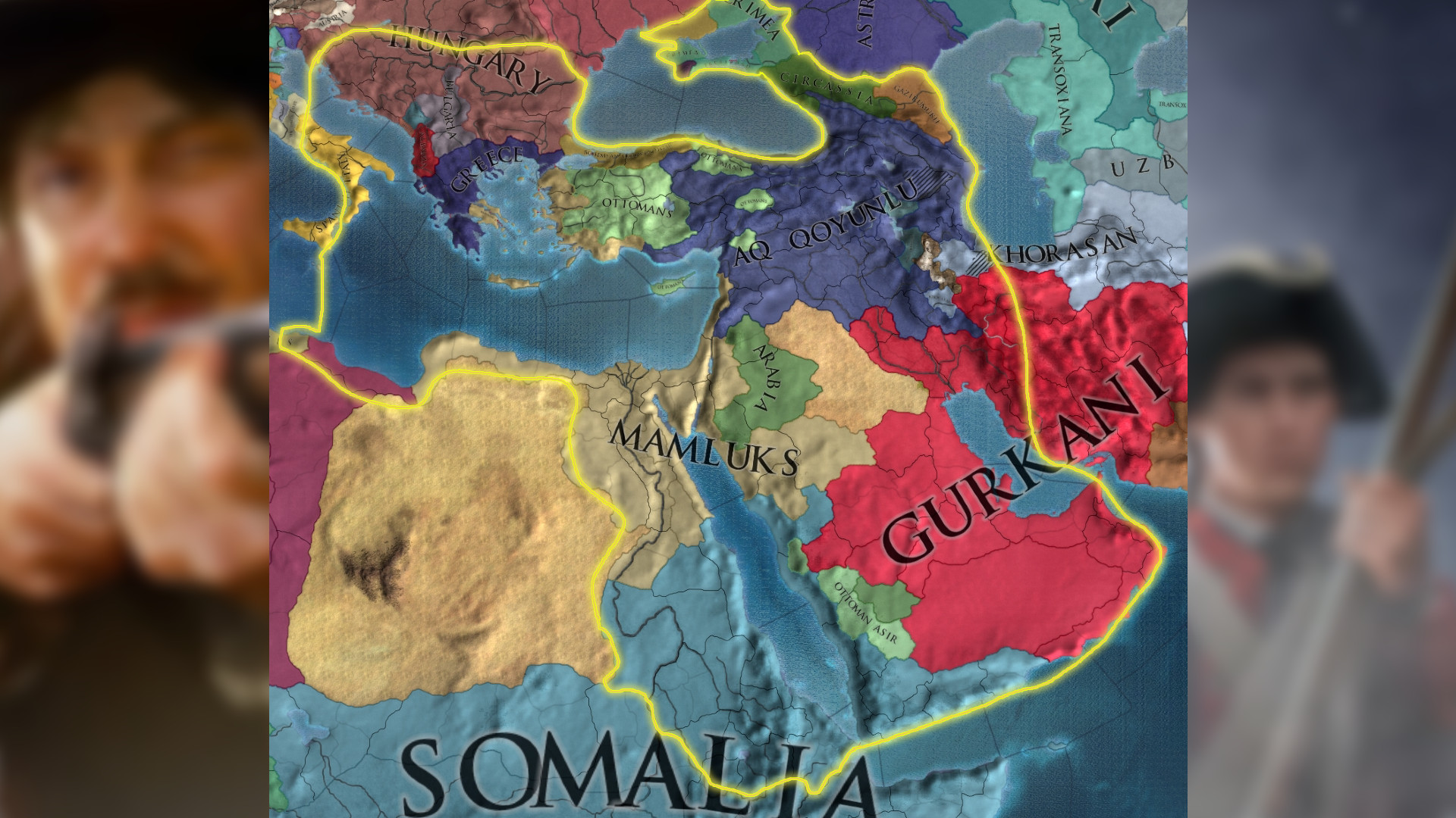 Europa Universalis 4 mod The Rise and Fall of Empires - A map showing the collapse of the Ottoman Empire, formerly extending to the golden border.