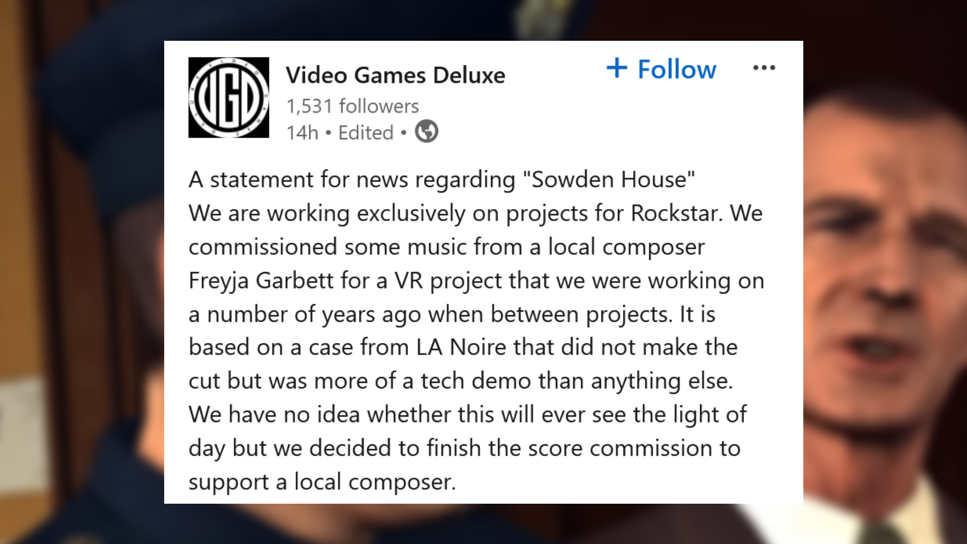 L.A. Noire dev Video Games Deluxe shares statement via LinkedIn - 