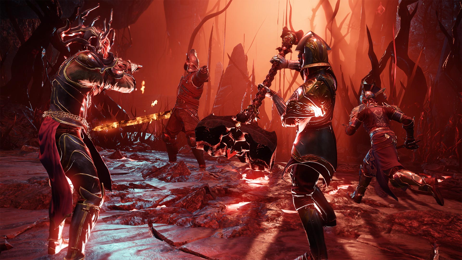 New World Aeternum turns a middling MMO into a great RPG: Three characters with huge weapons rush towards a heavily armored man who is pointing at them in a dimly lit cavern