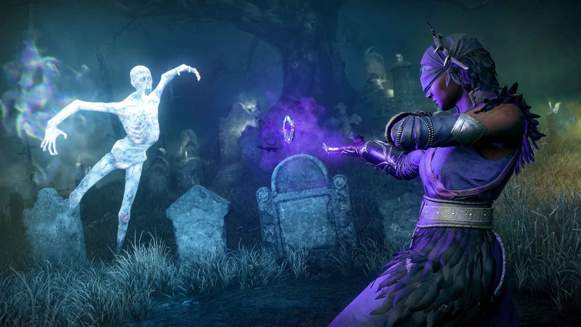 New World Aeternum turns a middling MMO into a great RPG: A blindfolded witch casts purple energy in her hands in a graveyard area as a spirit flies towards her 