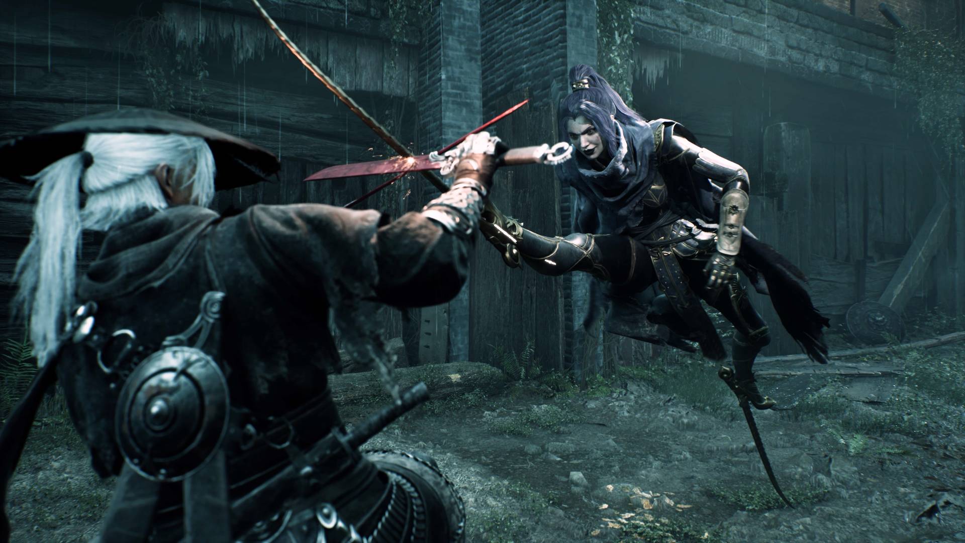 An Asian man and woman fighting in a dreary area, the shot showing their swords locked together as they push against one another, the woman posed in mid-air