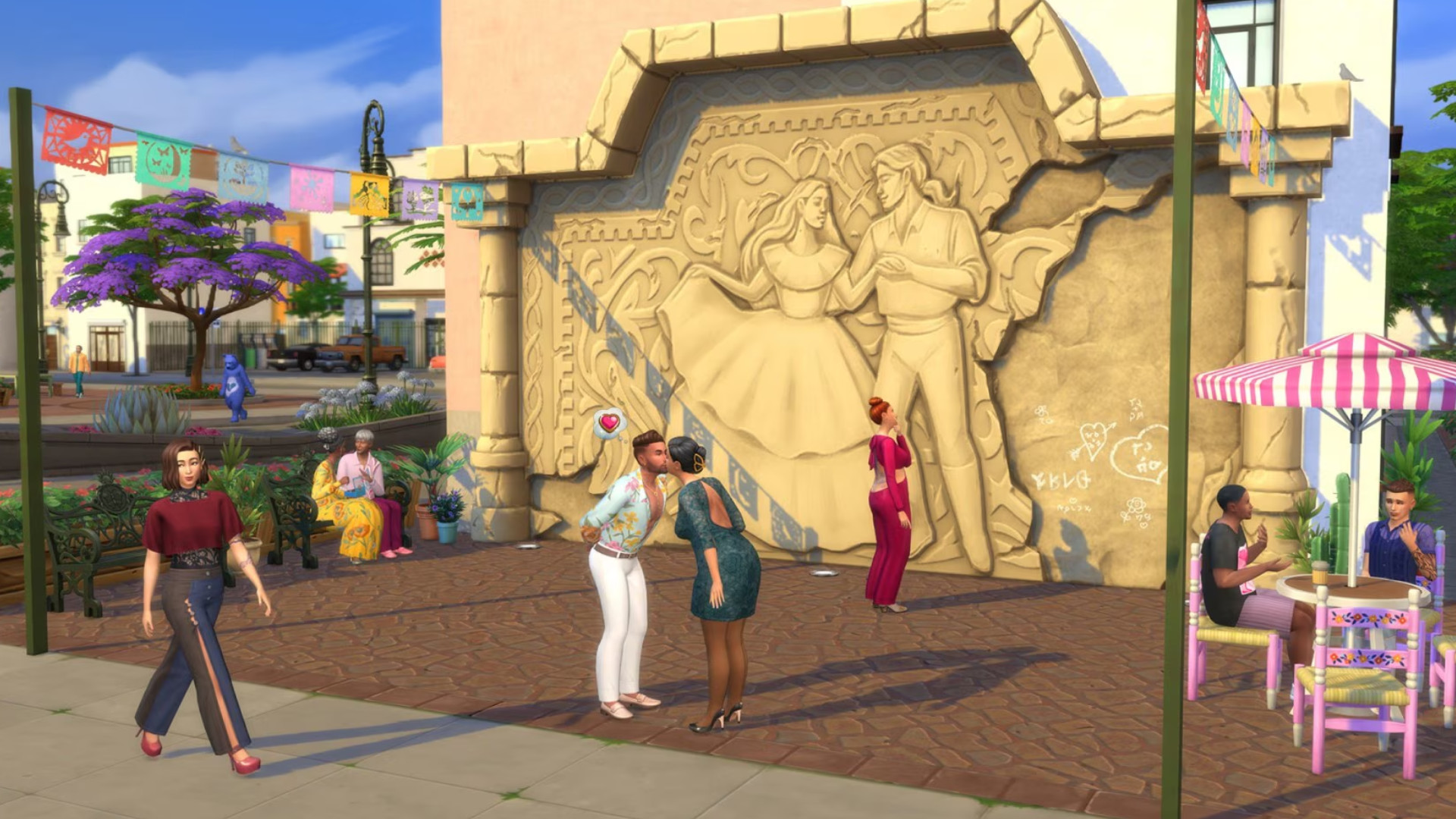 The Sims 4 Lovestruck - New city Ciudad Enamorada , featuring a giant stone mural.