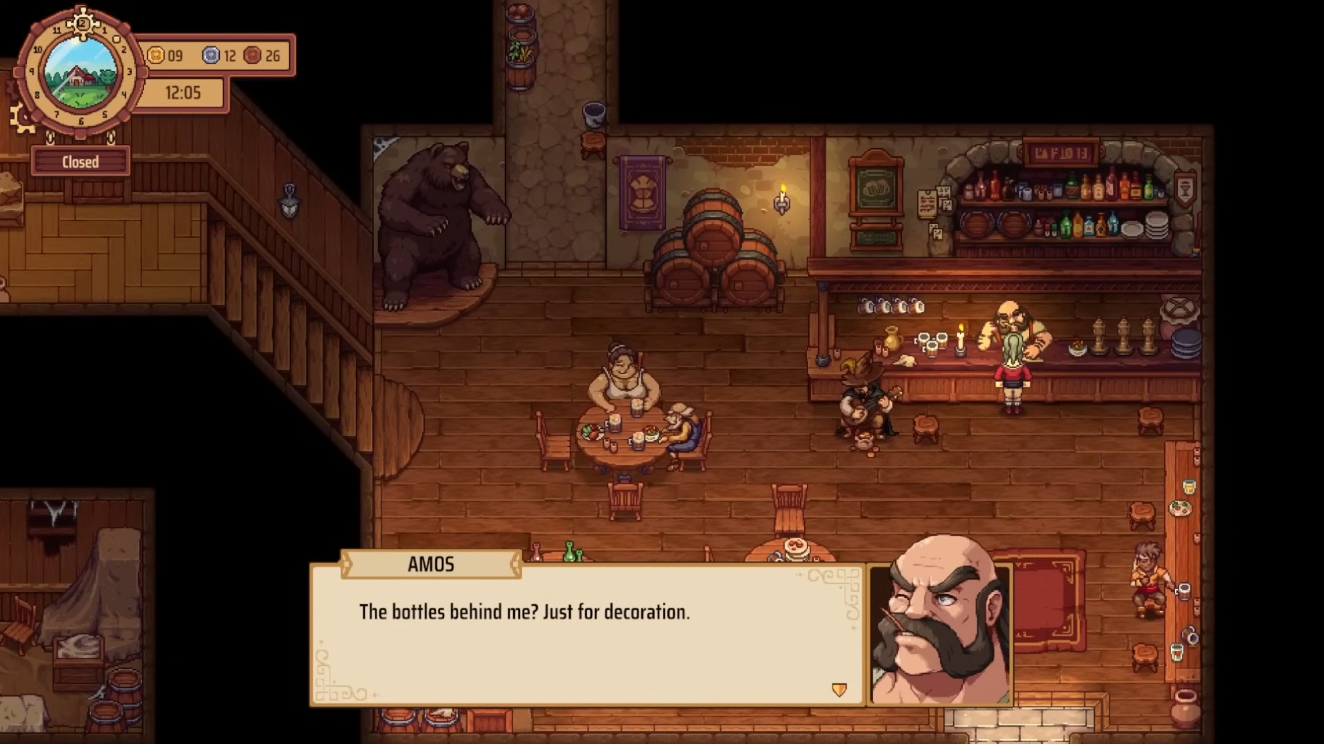 Travellers Rest 0.6.5 update and new city - Tavern keeper Amos polishes the bar as he talks to his customers.