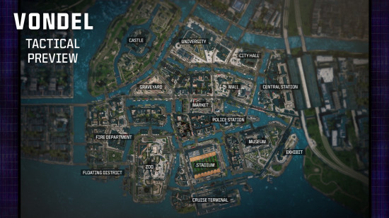 A top-down image of the Warzone Resugrnce map Vondel, including POIs.