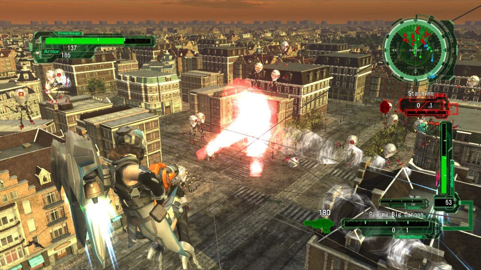 A Wing Diver from Earth Defense Force 6 fires a flamethrower down at a cityscape infested with bugs