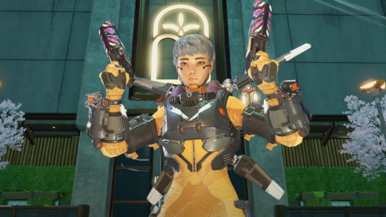 Apex Legends Season 22: Valkyrie stands holding Mozambique shotguns on both hands