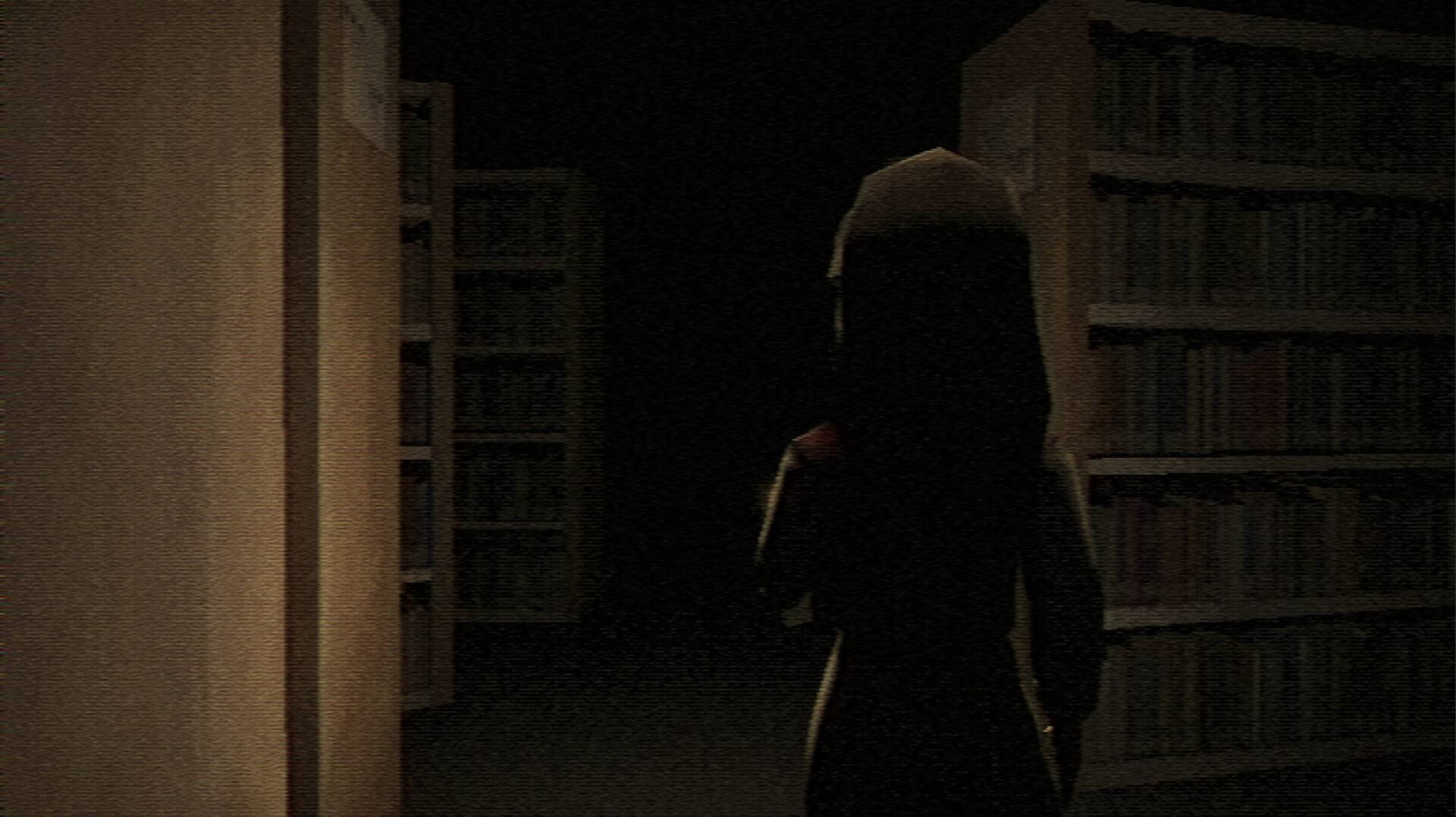 A young girl with long black hair makes her way through a dark library