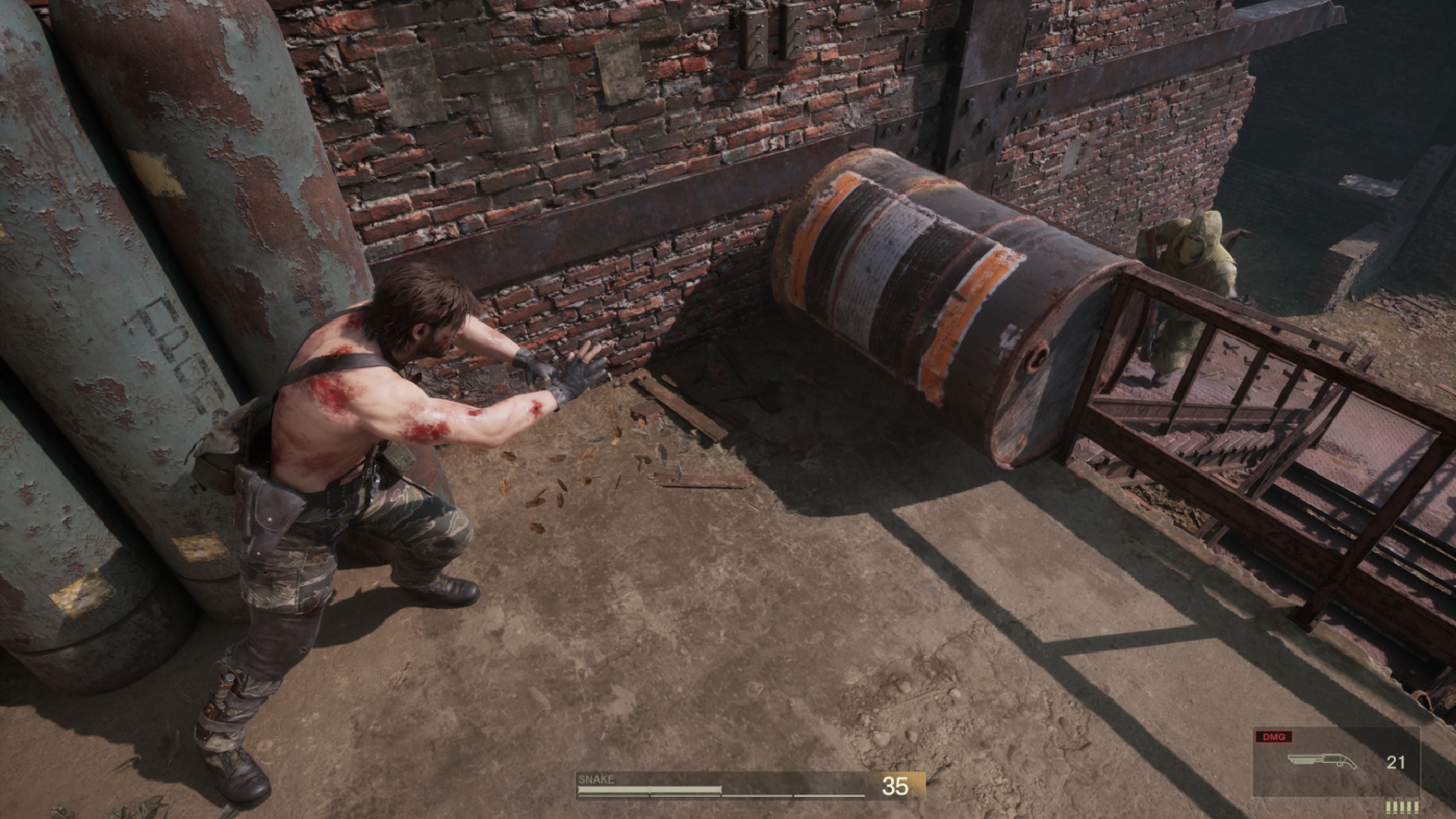 Metal Gear Solid Delta preview: An in-game screenshot of Snake pushing a barrel down some stairs