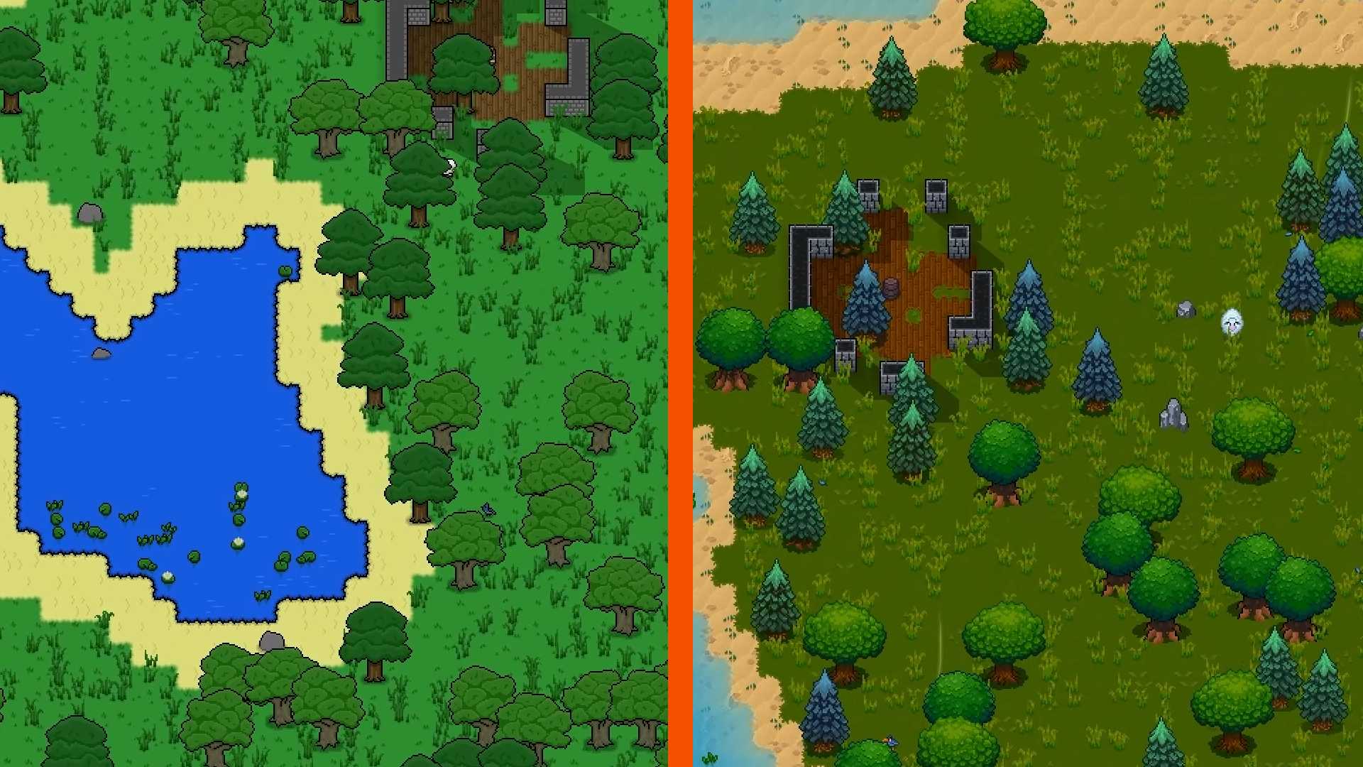 Necesse graphics update player count: A split image with a vertical orange dividing line, showing the old graphics style on the left and the new one of the right, both featuring the same forest environment.