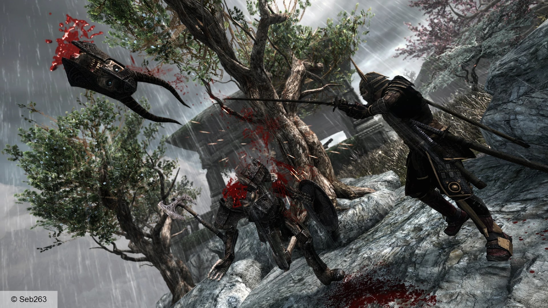 Skyrim mod dismemberments: a soldier swinging a sword and cutting the head of a draugr in Skyrim