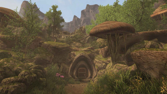 Skyrim Skywind mod map: A small cottage-like house built into a cliff, surrounded by large mushrooms.