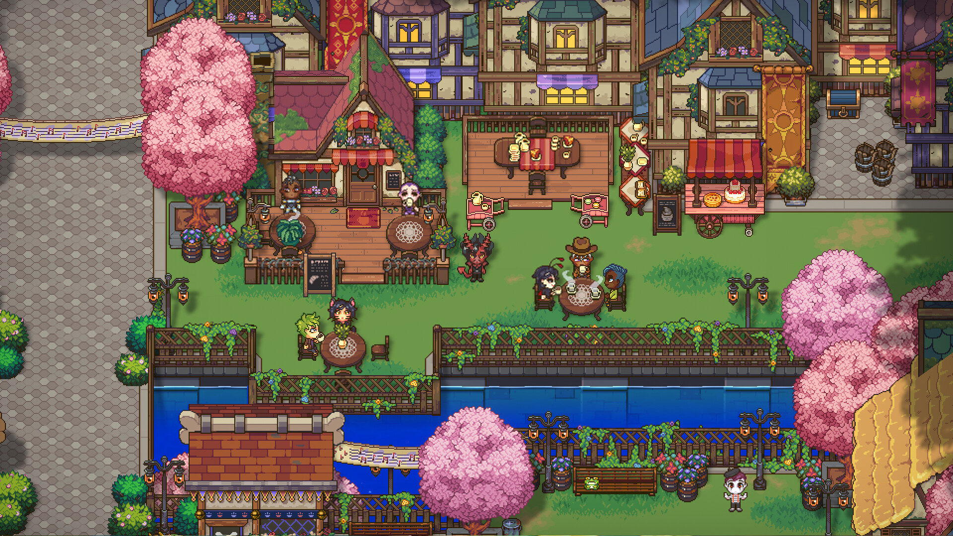 Sun Haven - Residents sit around tables in a beautiful fantasy town.