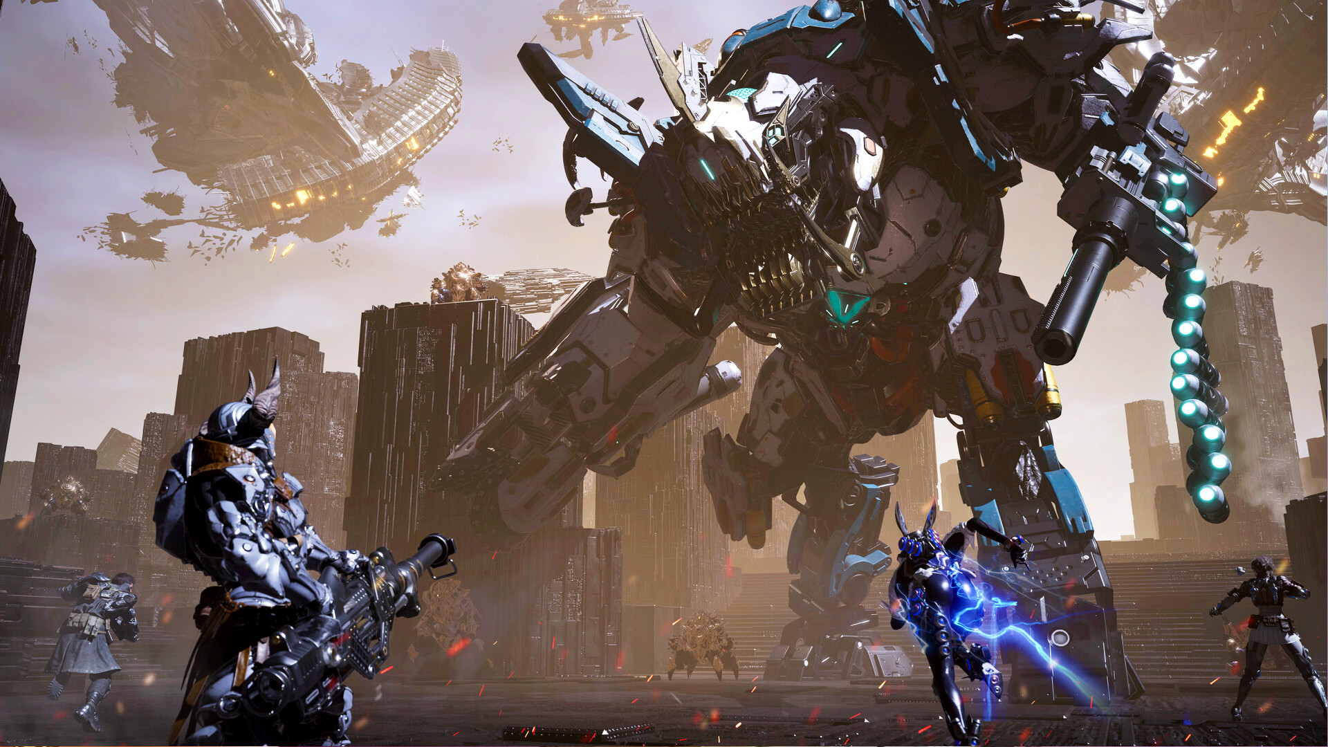 The First Descendant hotfix 1.0.7 - Several Descendants battle a giant robot.