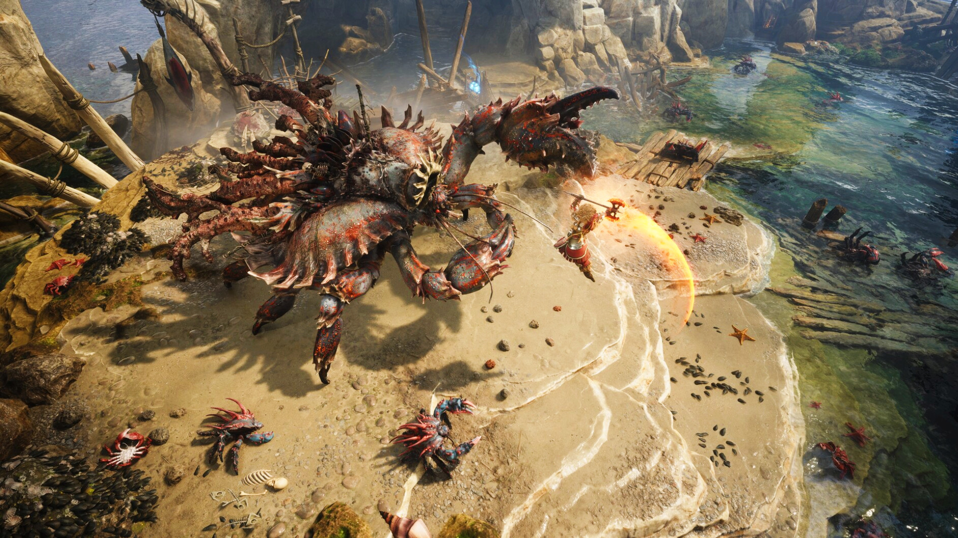 Titan Quest 2 - A warrior on a beach leaps towards a giant enemy crab, swinging a two-handed battleaxe.