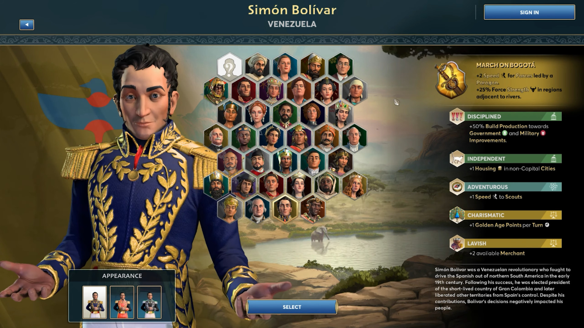 Ara History Untold interview - Simon Bolivar on the leader selection screen.