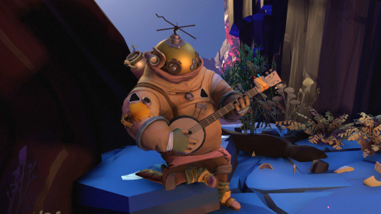 an alien in a space suit that looks like a diving suit plays guitar by a campfire inside the crust of a hollow planet