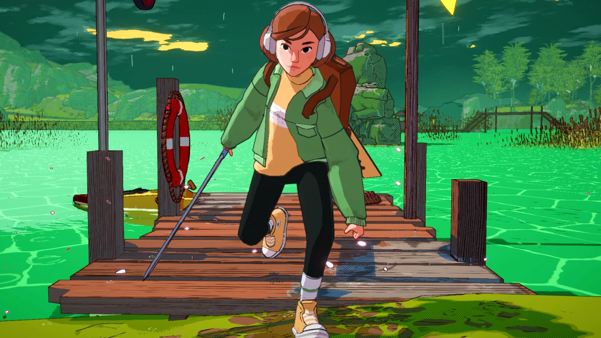 Dungeons of Hinterberg - Luisa explores a dock while wearing a green jacket and headphones.